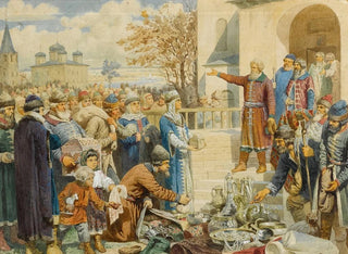 Appel de Minin in Nizhny Novgorod in 1611 - Alexei Danilovich Kivshenko — weergave van het kunstwerk