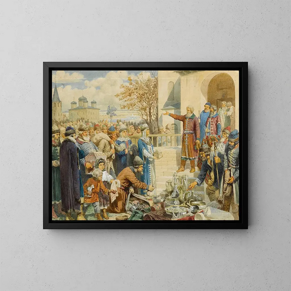 Appel de Minin in Nizhny Novgorod in 1611 - Alexei Danilovich Kivshenko — ingelijst kunstwerk aan de muur