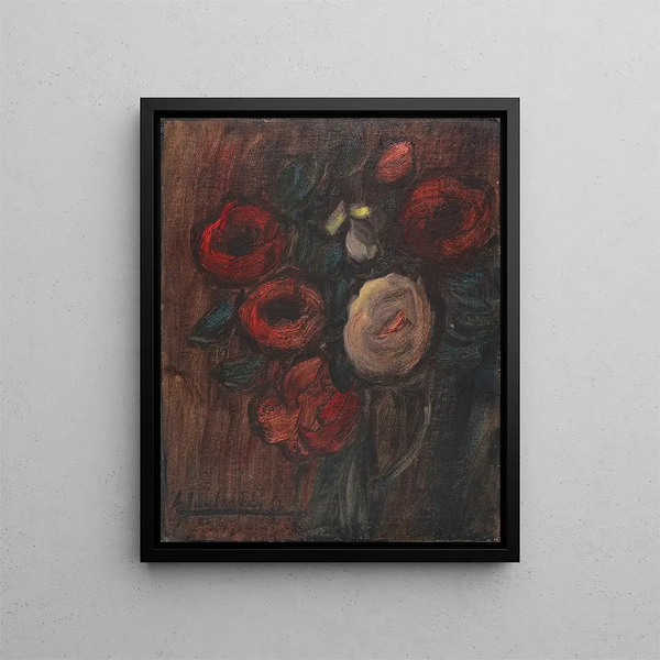 Groot stillleven schilderij met groene kruik en pioenen, boeket donkere rozen - Alexej von Jawlensky — ingelijst kunstwerk aan de muur