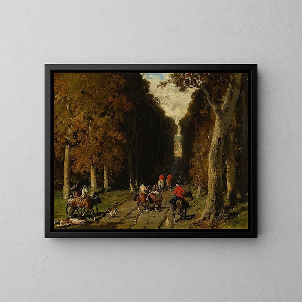 Hunting in the alley towards the cross - Alfred de Dreux — framed artwork on a wall