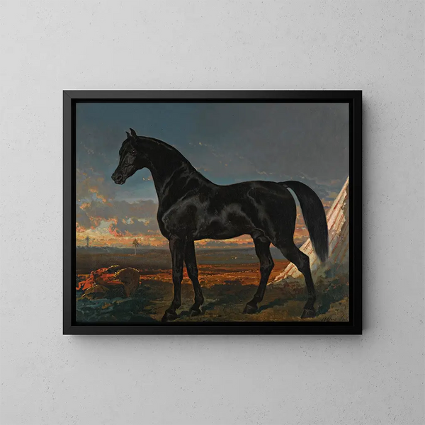 Black horse with palm tree - Alfred de Dreux — framed artwork on a wall