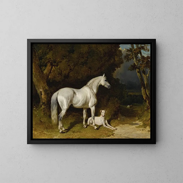 Gray Stallion and Greyhound - Alfred de Dreux — framed artwork on a wall