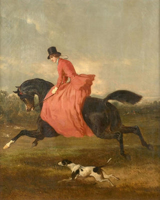 Alfred De Dreux - Une amazone la robe rouge dans un paysage.webp