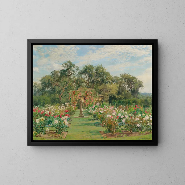 a sundial in a rose garden - Alfred Parsons — framed artwork on a wall