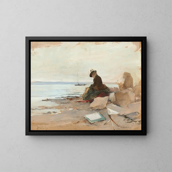 Vrouw schilder bij de zee - Alfred Stevens — ingelijst kunstwerk aan de muur
