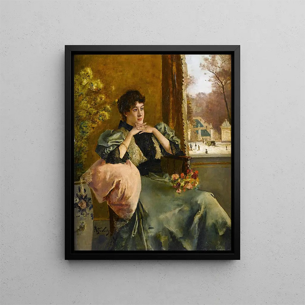 Vrouwelijk nadenkend schilderij bij een raam - Alfred Stevens — ingelijst kunstwerk aan de muur