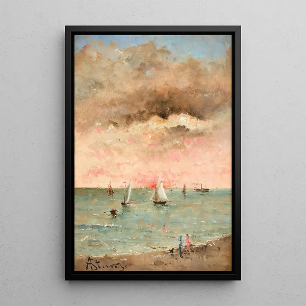 Figuren op het strand bij zonsondergang - Alfred Stevens — ingelijst kunstwerk aan de muur