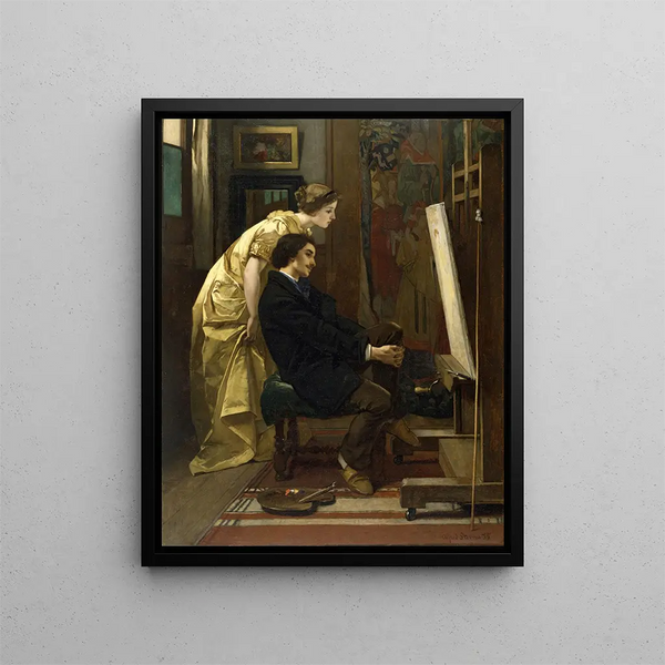 De schilder en zijn model - Alfred Stevens — ingelijst kunstwerk aan de muur