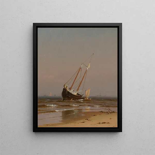Seascape: stranded boat on Salisbury Beach - Alfred Thompson Bricher — framed artwork on a wall