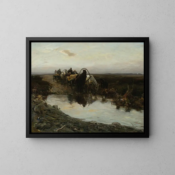 Chariots de paysans devant une flaque d'eau - Alfred von Wierusz-Kowalski — framed artwork on a wall