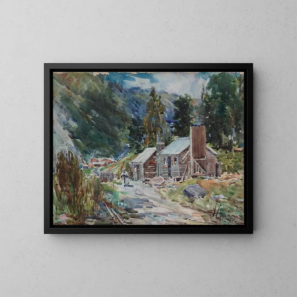 Landscape Painting with Huts - Alfred Walsh — framed artwork on a wall