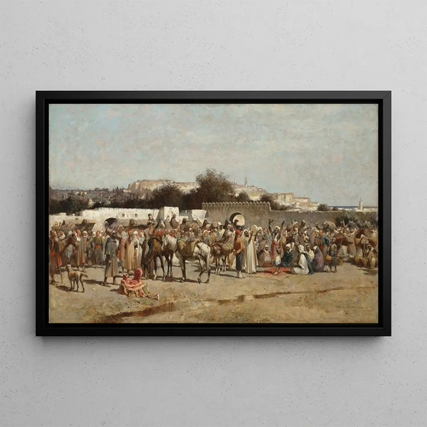 a lively market at the foot of the ramparts of Tangier - Alfred Wordsworth Thompson — framed artwork on a wall