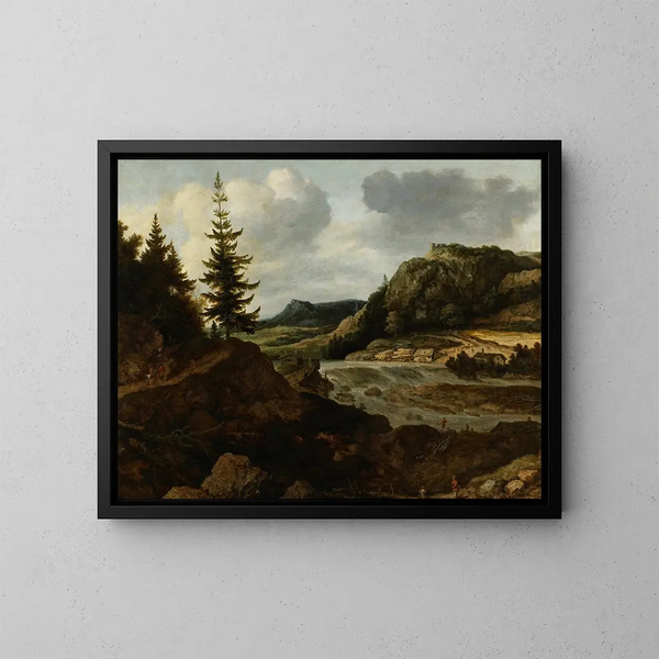 a mountainous river landscape with travelers - Allaert van Everdingen — framed artwork on a wall