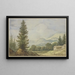 Landschapschilderij met bergen, links grote dennenbomen en rechts twee hutten - Allaert van Everdingen — ingelijst kunstwerk aan de muur