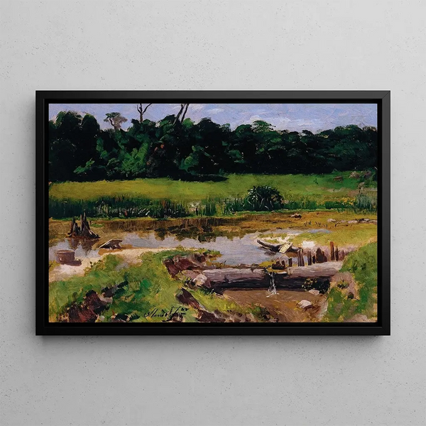 River landscape painting - Almeida Júnior — framed artwork on a wall