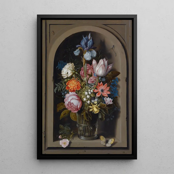 Flower Still Life in a Glass Goblet in a Marble Niche - Ambrosius Bosschaert the Elder — framed artwork on a wall