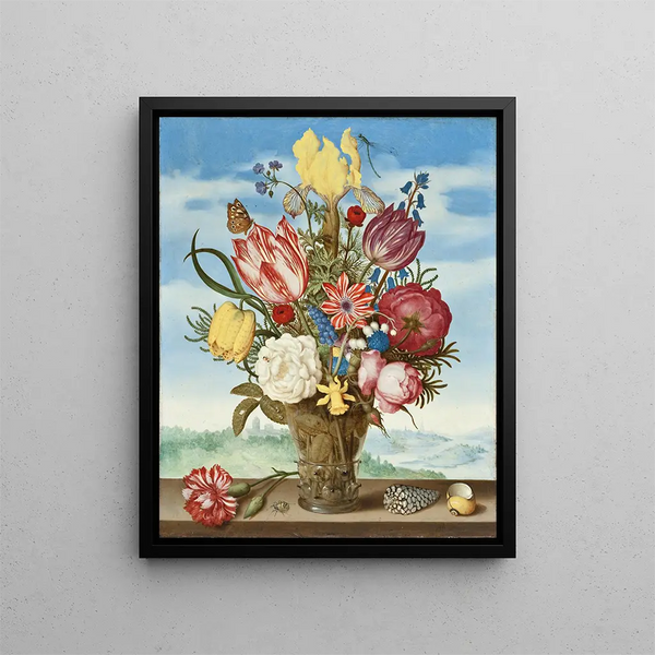 Bouquet of flowers on a ledge - Ambrosius Bosschaert the Elder — framed artwork on a wall
