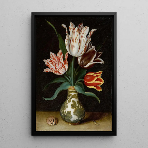 a Still Life of Four Tulips in a WanLi Porcelain Vase - Ambrosius Bosschaert the Elder — framed artwork on a wall