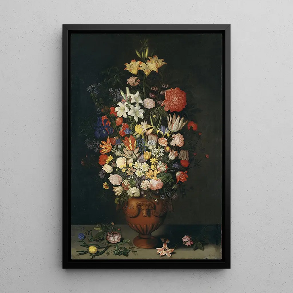 Still life with a vase of flowers - Ambrosius Bosschaert the Elder — framed artwork on a wall