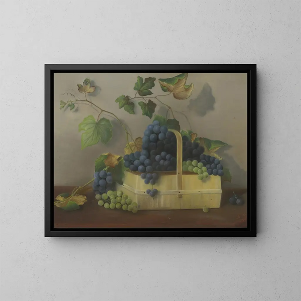 Basket of Grapes with Leafy Vines - American School — framed artwork on a wall