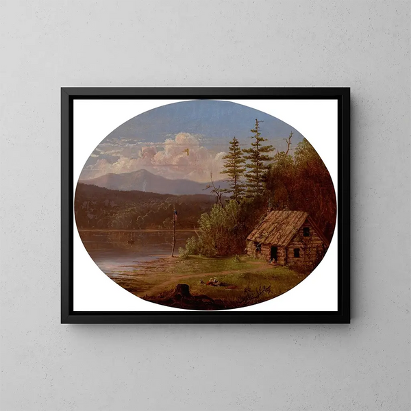 Cabin by the riverside - American School — framed artwork on a wall