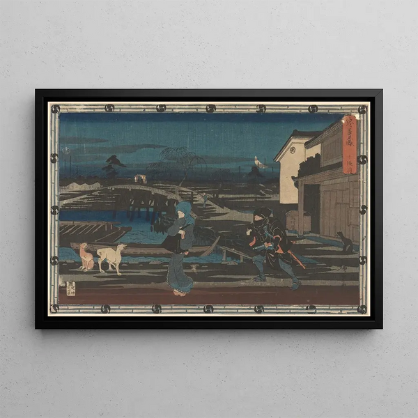 Nachtelijke aanval van de Chushingura Honzo - Andō Hiroshige — ingelijst kunstwerk aan de muur