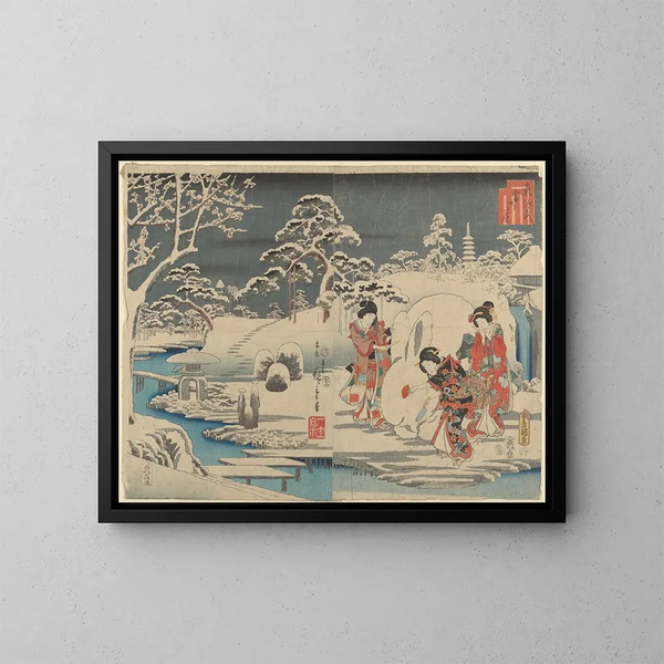 Trois femmes faisant un lapin de neige dans un jardin - Andō Hiroshige — framed artwork on a wall