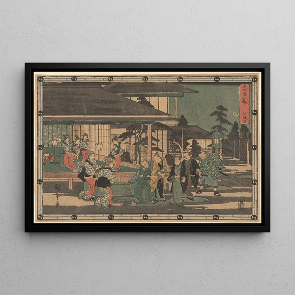 Yoshiwara Cinq Ronin Six Femmes - Andō Hiroshige — framed artwork on a wall
