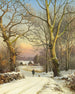 Winterdag in het bos van Noord-Zeeland Een man wandelt met de hond - Anders Andersen-Lundby — weergave van het kunstwerk