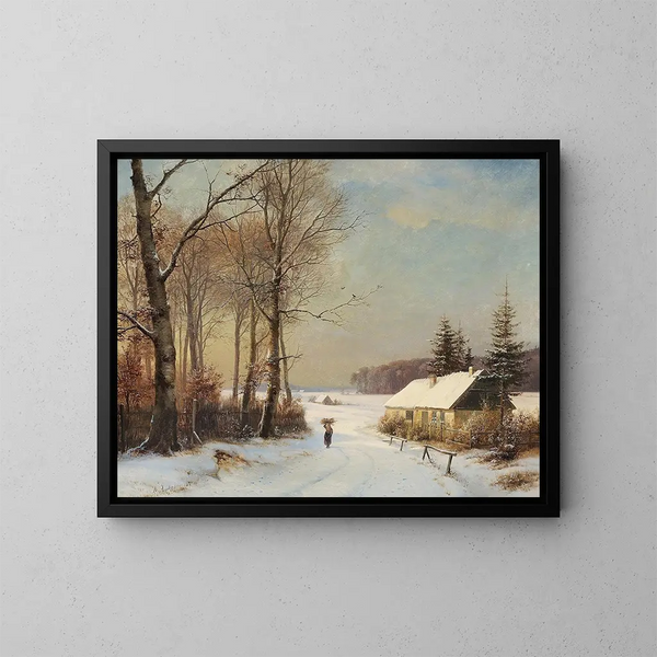 Winter landscape painting with woman on a road in front of a house - Anders Andersen-Lundby — framed artwork on a wall