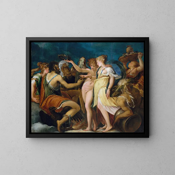 The Marriage of Cupid and Psyche - Andrea Schiavone — framed artwork on a wall