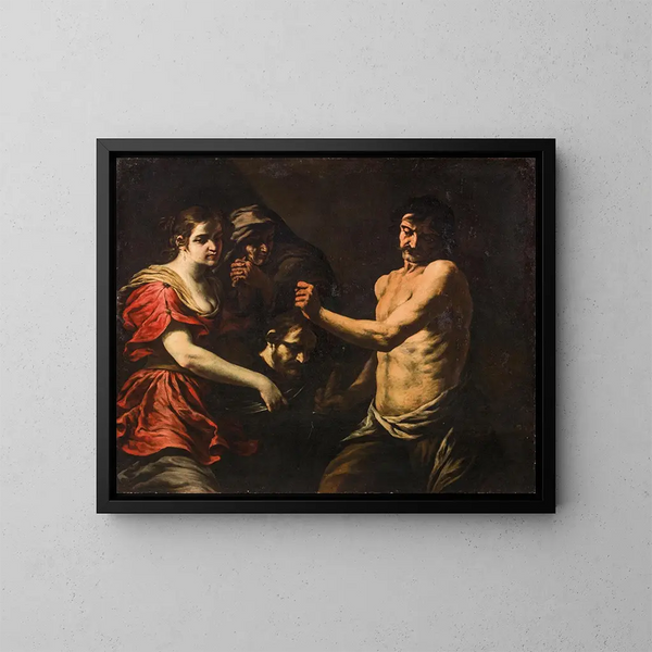 Salomé receiving the head of Saint John the Baptist - Andrea Vaccaro — framed artwork on a wall