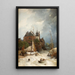 van een strand bij een stad met oude toren en stadsmuur - Andreas Achenbach — ingelijst kunstwerk aan de muur