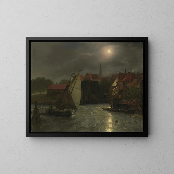 Bateaux sur un canal au clair de lune - Andreas Achenbach — framed artwork on a wall