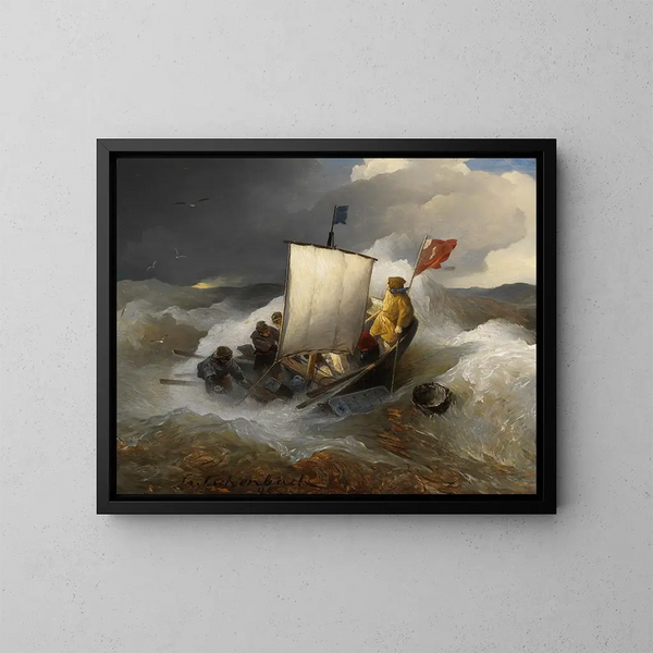 Fishing boat on a rough sea - Andreas Achenbach — framed artwork on a wall