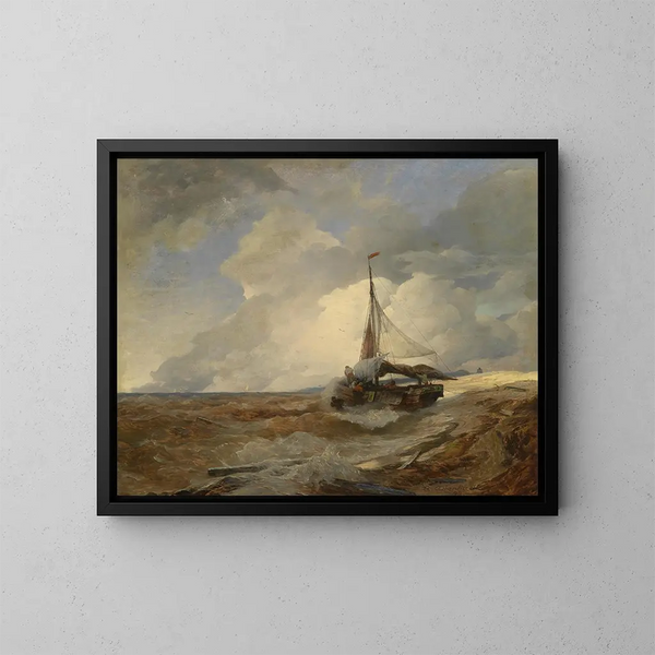 Boat in Distress - Andreas Achenbach — framed artwork on a wall