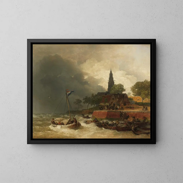 Dutch harbor scene painting under the storm - Andreas Achenbach — framed artwork on a wall