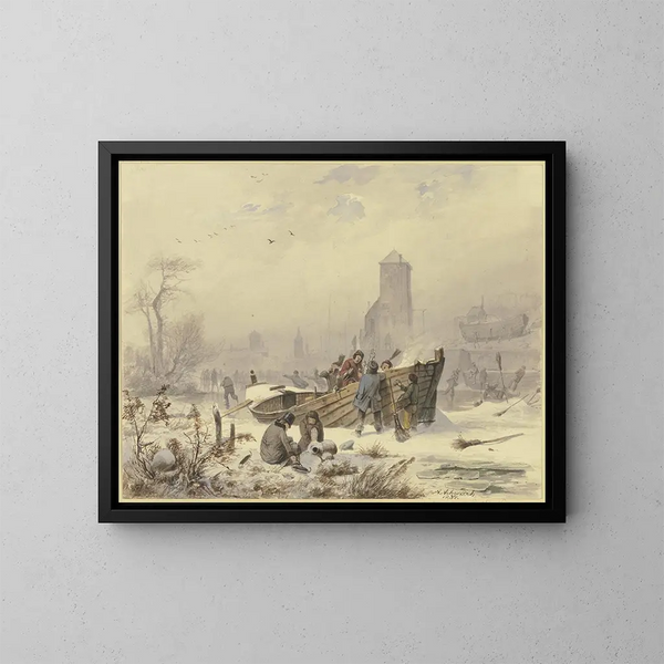 Marine painting near an icy ship - Andreas Achenbach — framed artwork on a wall