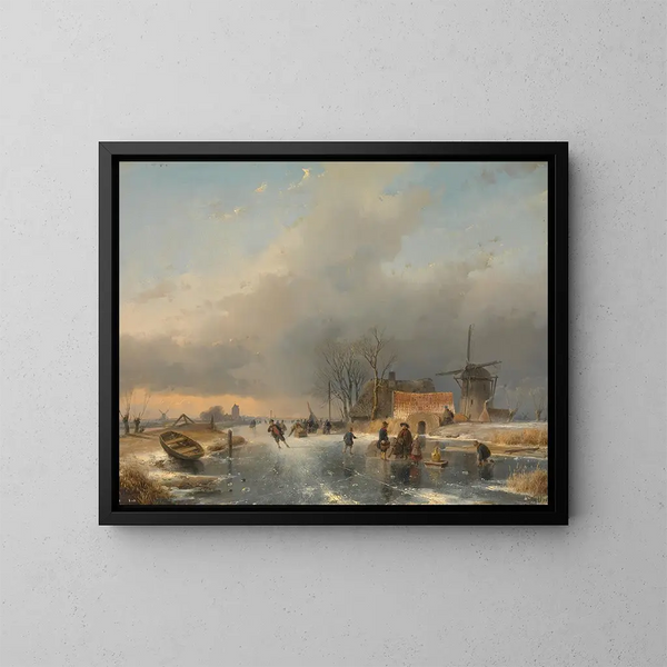 Winter landscape with a mill and houses near a frozen canal - Andreas Schelfhout — framed artwork on a wall