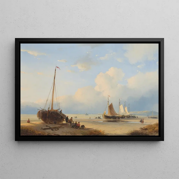 Fishermen with stranded boats - Andreas Schelfhout — framed artwork on a wall