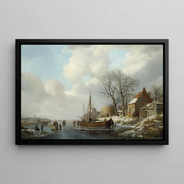 Winter landscape painting with figures near a boat on an icy waterway - Andreas Schelfhout — framed artwork on a wall