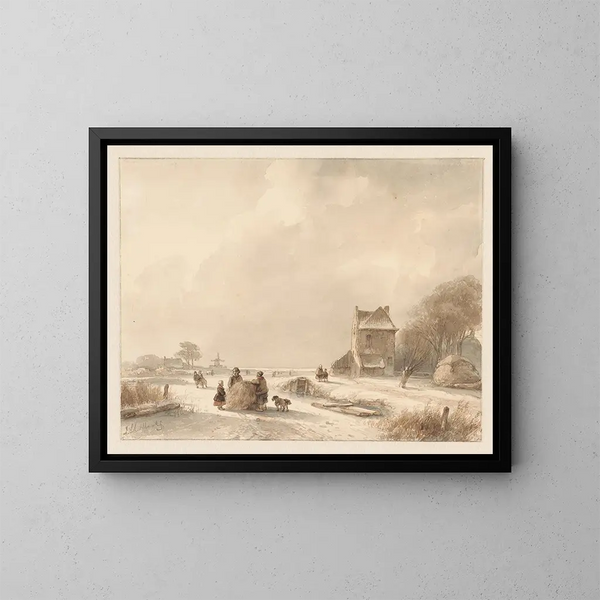 Winter landscape painting with a hay sled and skaters - Andreas Schelfhout — framed artwork on a wall