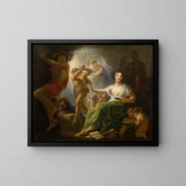Hercules protecting the Muse of the Arts against Envy and Ignorance - Andries Cornelis Lens — framed artwork on a wall