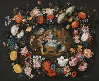 Aanbidding der herders omringd door een bloemenkrans - Andries Snellinck — weergave van het kunstwerk