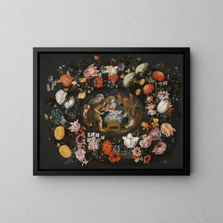 Aanbidding der herders omringd door een bloemenkrans - Andries Snellinck — ingelijst kunstwerk aan de muur
