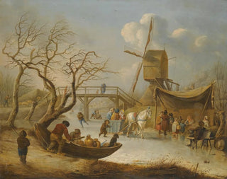 Een winterlandschap met schaatsers en een slee met paard naast een windmolen - Andries Vermeulen — weergave van het kunstwerk