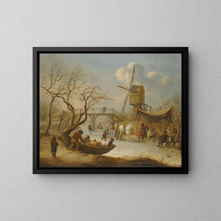 Een winterlandschap met schaatsers en een slee met paard naast een windmolen - Andries Vermeulen — ingelijst kunstwerk aan de muur