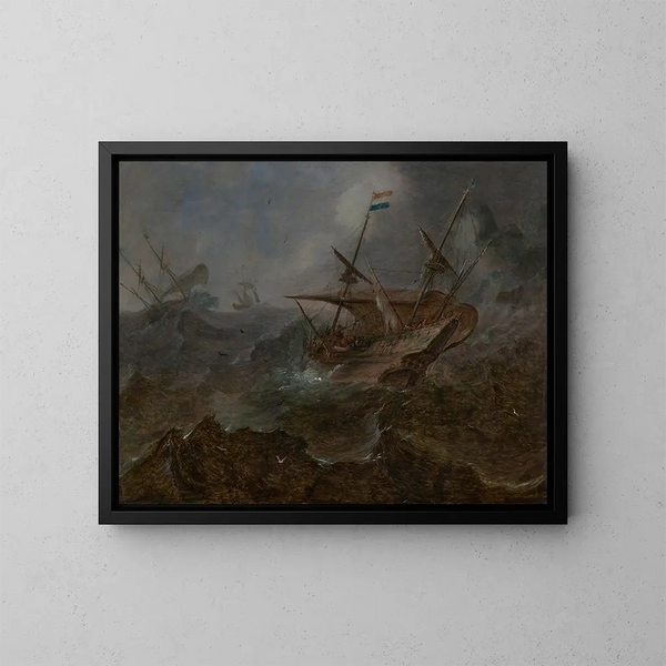 a Dutch merchant at sea in rough waters near a promontory - Andries van Eertvelt — framed artwork on a wall