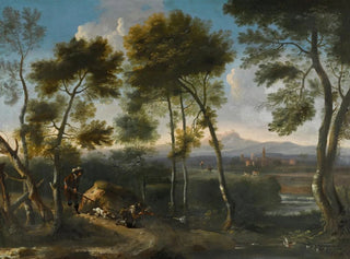 Landschap cursief met jagers die eenden schieten - Angeluccio — weergave van het kunstwerk