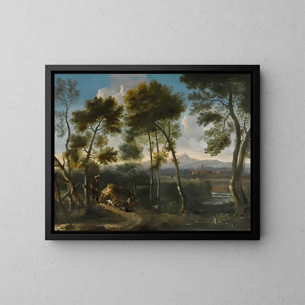 Landschap cursief met jagers die eenden schieten - Angeluccio — ingelijst kunstwerk aan de muur